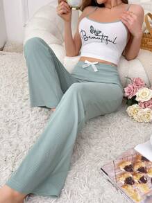 Butterfly & Letter Printed Cami Top And Pants Pajama Set - Mint Green - View 3