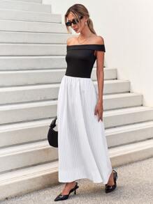 SHEIN Essnce Women's Off Shoulder Splicing Striped Colorblock 2 In 1 Dress - Black and White - View 7
