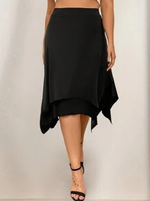 SHEIN LUNE 大碼素色手帕下擺半身裙 - 黑色 - 查看 1