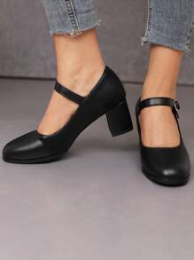 Black Elegant Mary Janes Pu High Heels Shoes For Women, Spring And Autumn New Arrival, Great For Work And Daily Wear - Black - View 4