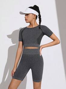 SHEIN Teen Girl Seamless Knitted Jacquard Raglan Short Sleeved T-Shirt And Shorts Sports Set - Dark Grey - View 4