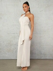 SHEIN BAE Màu Quả mơ Lanh Halterneck Vắt Không đối xứng Dải Băng Đàn hồi Đã thu thập Nhựa Khóa Đồ trang trí Mùa hè Kỳ nghỉ Dài Của phụ nữ Rộng chân Áo liền quần - Màu be - Xem 6