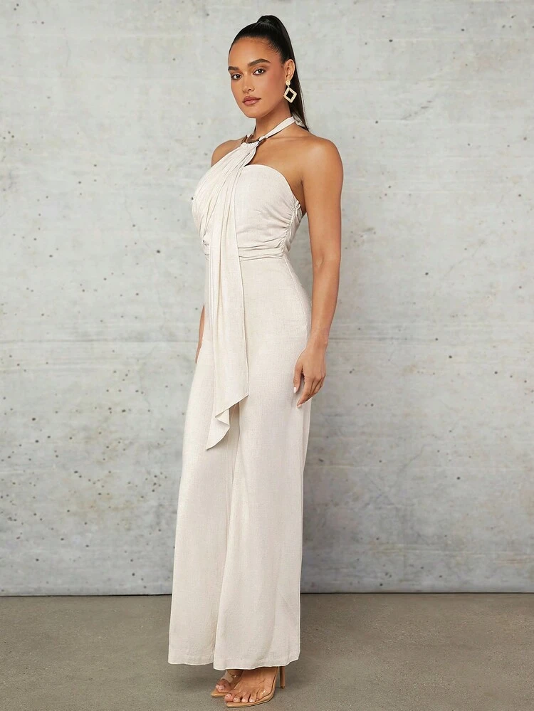 Apricot Linen Halterneck Draped Asymmetric Streamers Elastic Gathered Resin Buckle Decoration Summer Vacation Long Women's Wide-Leg Jumpsuit