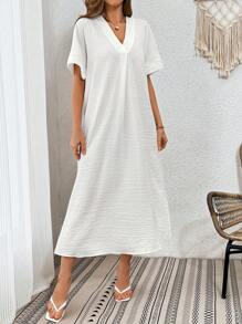 SHEIN Essnce Casual Linen Texture Loose Fit Dress With Split Hem For Home Relaxing - White - View 4