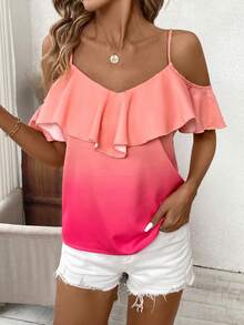 SHEIN Clasi Women's Ombré Off-Shoulder Top With Ruffle Hem Pink Shirt Pink Top - Pink - View 4