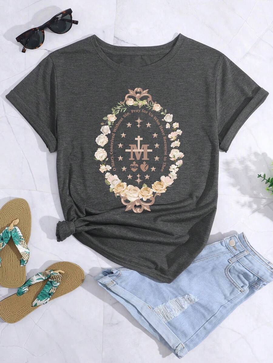 Áo thun tay ngắn cỡ lớn in họa tiết hoa và khẩu hiệu Công giáo - Màu xám đen - Xem 1