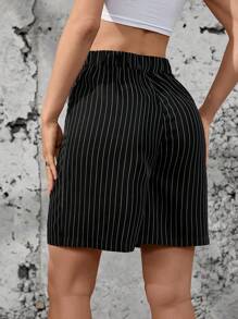 SHEIN Essnce 女士休闲松紧腰侧拉链条纹短裤 - 黑與白 - 查看 2