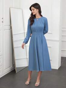 Mulvari Ladies' Solid Color A-Line Empire Waist Dress - Dusty Blue - View 4