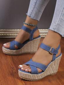 Summer Fashion Ankle-Strap Women Wedge Heel Platform Sandals With Open Toe - Blue - View 1