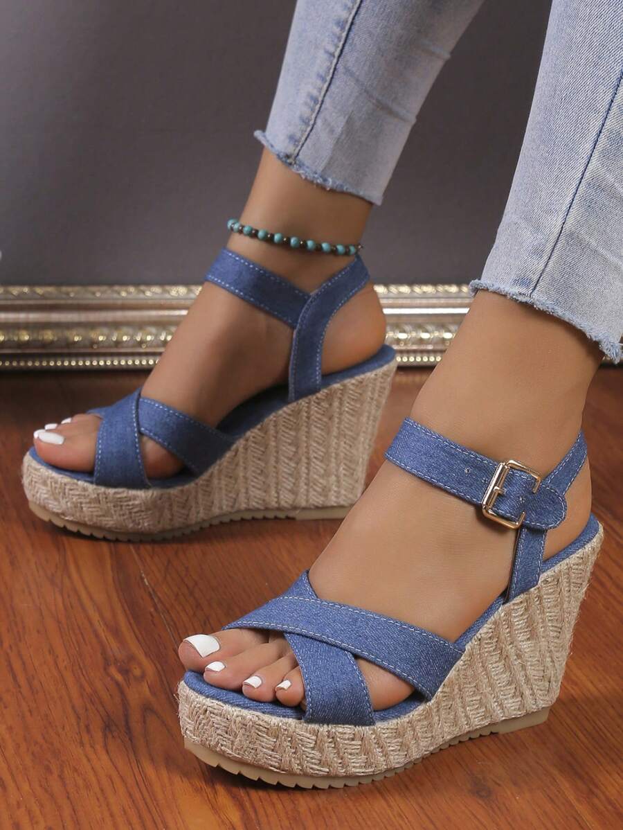 Summer Fashion Ankle-Strap Women Wedge Heel Platform Sandals With Open Toe - Blue - View 1