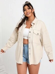 SHEIN EZwear 加大號下垂肩褶邊牛仔外套 - 卡其色 - 查看 4