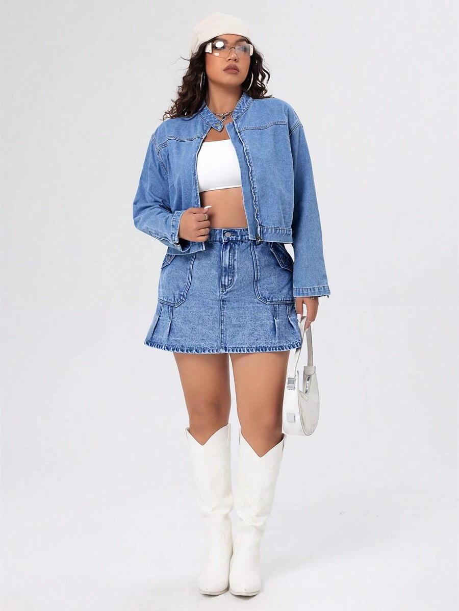 SHEIN ICON Plus Size Cropped Denim Jacket With Zipper Design - Light Wash - View 1