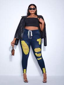 SHEIN SXY Kích thước lớn Khối màu Đau khổ Thon gọn Quần jean - Rửa tối - Xem 4