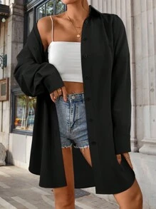 女士纯色高低摆衬衫休闲黑色春季款 - 黑色 - 查看 3