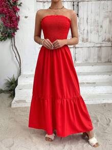 SHEIN VCAY Women's Frill Edge Ruffle Overlay Bandeau Dress - Red - View 7