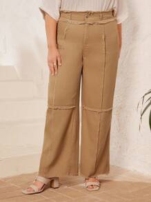 Mulvari Plus Size Solid Color Frayed Wide Leg Pants - Khaki - View 4