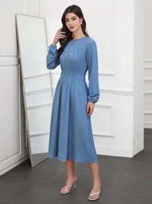 Mulvari Ladies' Solid Color A-Line Empire Waist Dress - Dusty Blue - View 7