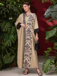 Al Najma Set de 2 piese pentru femei, jachetă la modă cu mâneci tip liliac și rochie cu bordură contrastantă, model elegant - Multicolor - Vizualizare 5