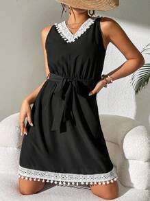 SHEIN LUNE Patchwork Lace Up Bandage Backless Dress - Black - View 5