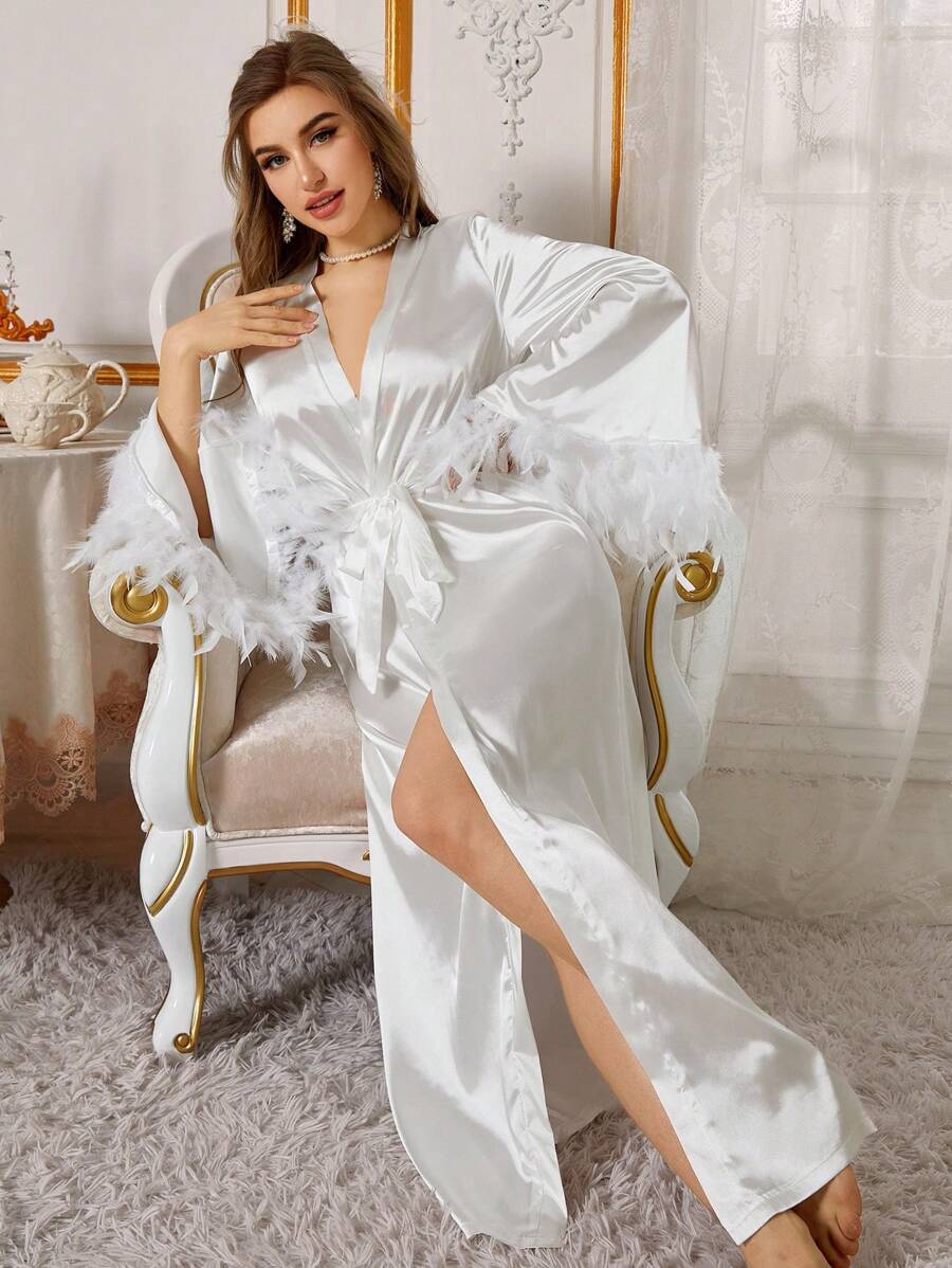 女士純色擴口袖長款睡衣,帶有羽毛裝飾 - 白色 - 查看 1