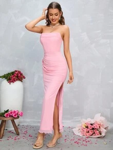 PARTHEA Ruched Split Thigh Mesh Tube Dress - Baby Pink - View 4