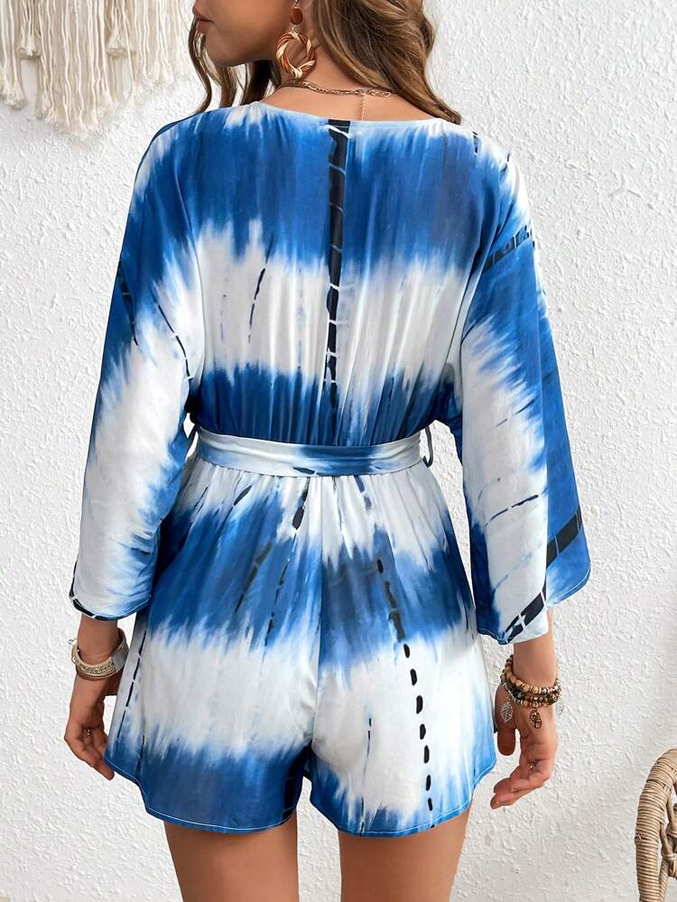 Summer Vacation Loose Fit White & Blue Tie Dye Woven Jumpsuit