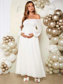 Loomaby Vestido para revelar el género maternidad, elegante y romántico con hombros descubiertos, para fiesta de revelación del género, fiesta de baby shower, vestido de maternidad