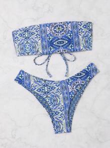 SHEIN Swim Summer Beach Paisley Printed Bandeau Bikini Set With Separate Swimwear - Multicolor - View 5