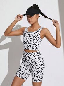 SHEIN Ensemble sportswear pour adolescentes comprenant un débardeur et un short avec motif tacheté asymétrique en tricot - Noir et Blanc - Voir 5