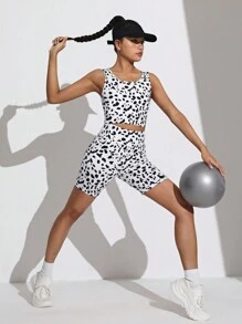 SHEIN Ensemble sportswear pour adolescentes comprenant un débardeur et un short avec motif tacheté asymétrique en tricot - Noir et Blanc - Voir 6