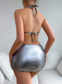 SHEIN Swim Metallic V-Neck Halter Bikini Set Summer - Silver - View 2