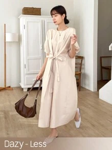 DAZY 纯色宽松短袖连衣裙，圆领，腰带，太阳裙，休闲女装