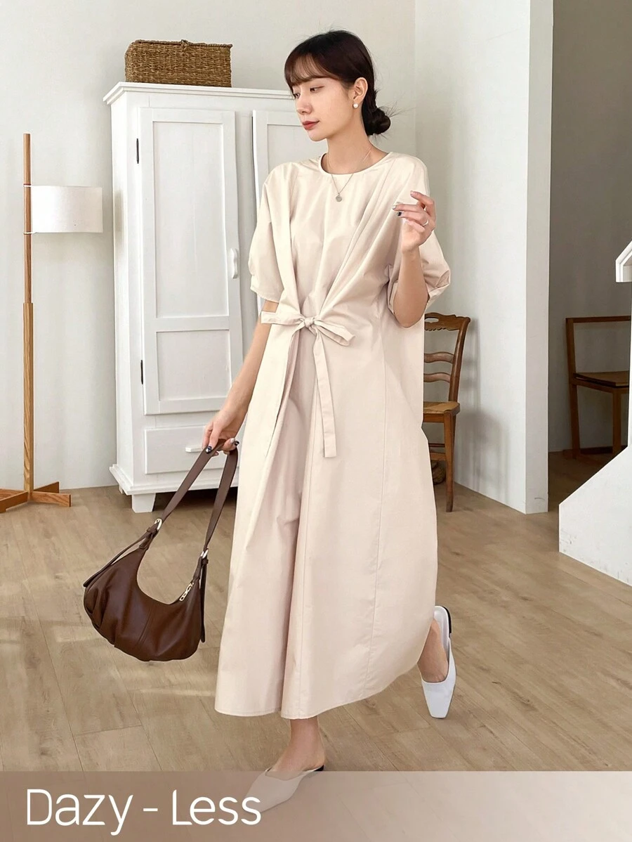 DAZY 纯色宽松短袖连衣裙，圆领，腰带，太阳裙，休闲女装