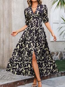 SHEIN LUNE 女式全印花泡泡袖长款连衣裙