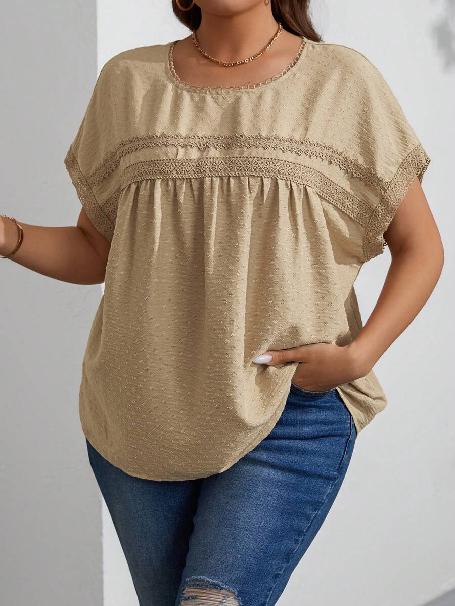 SHEIN LUNE 大尺寸紋理面料拼接蕾絲邊緣絲帶休閒襯衫