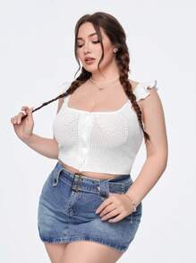 SHEIN Qutie Kích thước lớn Thon gọn Áo nịt đan Với nút Mặt trước Và Hình vuông Đường viền cổ áo - trắng - Xem 5