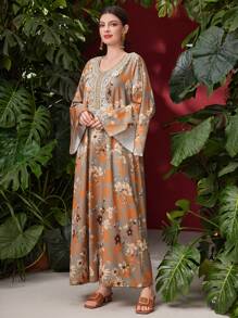 Al Najma Floral Print Patchwork Ribbon Detail Loose Fit Round Neck Dress, Modest - Multicolor - View 6