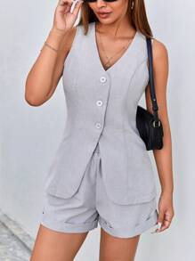 SHEIN Essnce Women's Summer Commuting Suit Vest And Shorts Set - Grey - View 6