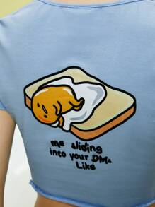 Gudetama X SHEIN Cartoon And Slogan Graphic Lettuce Trim PJ Set - Baby Blue - View 3