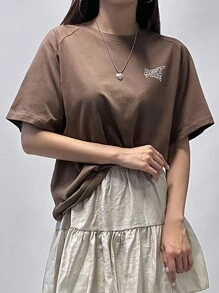 DAZY Letter Print Raglan Short Sleeve T-Shirt - Coffee Brown - View 1