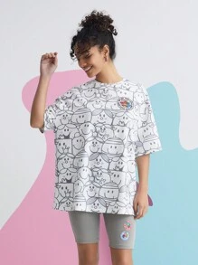 Mr Men Little Miss X SHEIN Women's Cartoon Print Drop Shoulder Pajama Set - Grey - View 3