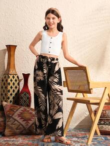 SHEIN 兩件套preteen女孩針織單色修身休閒背心,植物印花寬鬆長褲 - 白色 - 查看 4