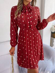Fall Polka Dot Dress Wrap V Neck Tie Waist Pleated Ruffle Midi Long Sleeve Chiffon Resort Outfit Womens - Đỏ - Xem 3