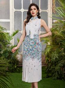 Modelyn 女士花和蝴蝶印花單肩無袖褶邊裙 - 綠色 - 查看 8