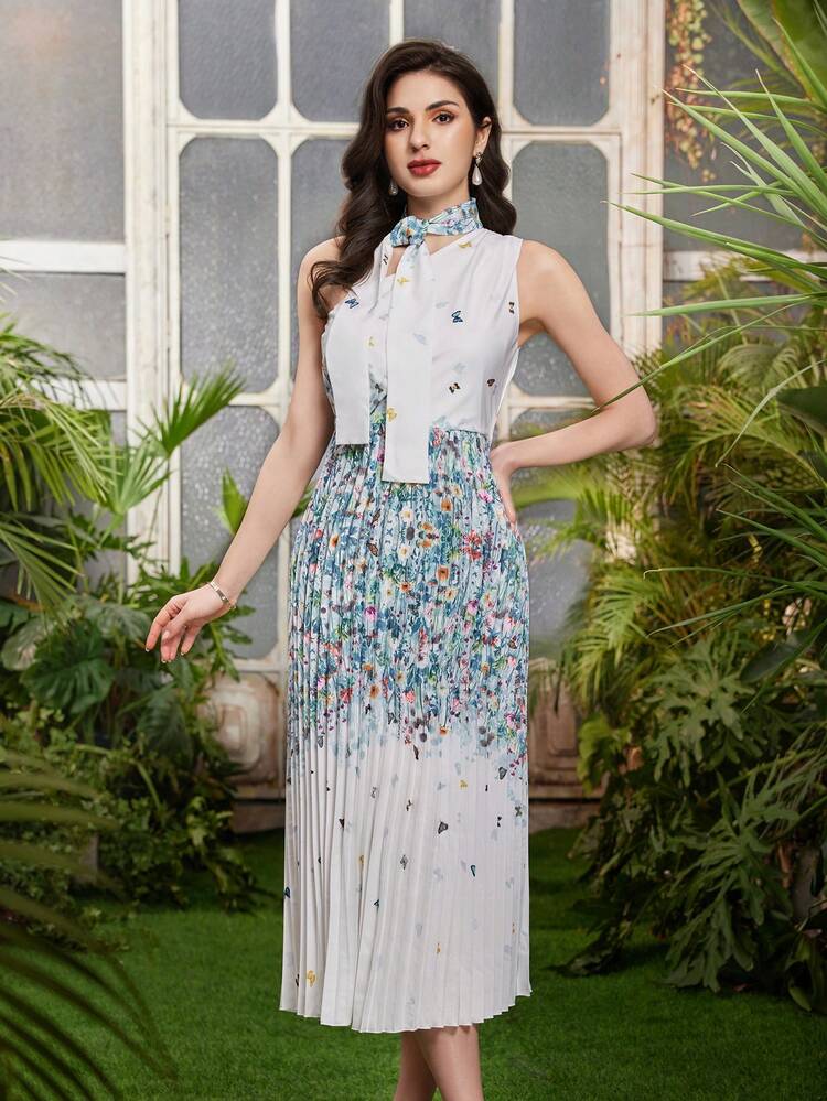 Women's Flower & Butterfly Printed One Shoulder Sleeveless Pleated Hem Dress
