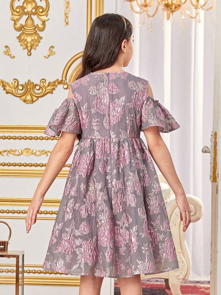 Tween Girls' Lovely Round Neck Embroidery Hollow Out Shoulder & Ruffled Sleeves Floral Dress