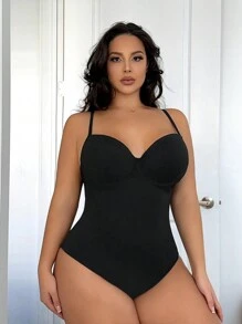 SHEIN SXY Plus Size Women's Solid Color Sleeveless Bodysuit - Black - View 6