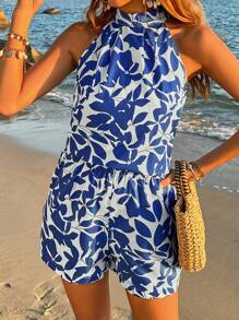 SHEIN VCAY 女用植物印花掛脖上衣和短褲套裝 - 藍色 - 查看 5