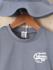 SHEIN Baby Boy Letter Printed Round Neck T-Shirt And Shorts Set - Dark Grey - View 3