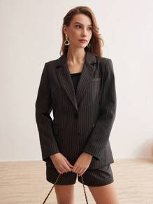 MOTF PREMIUM Blazer De Solapa De Cuello Con Estampado De Rayas - Gris - Ver 5